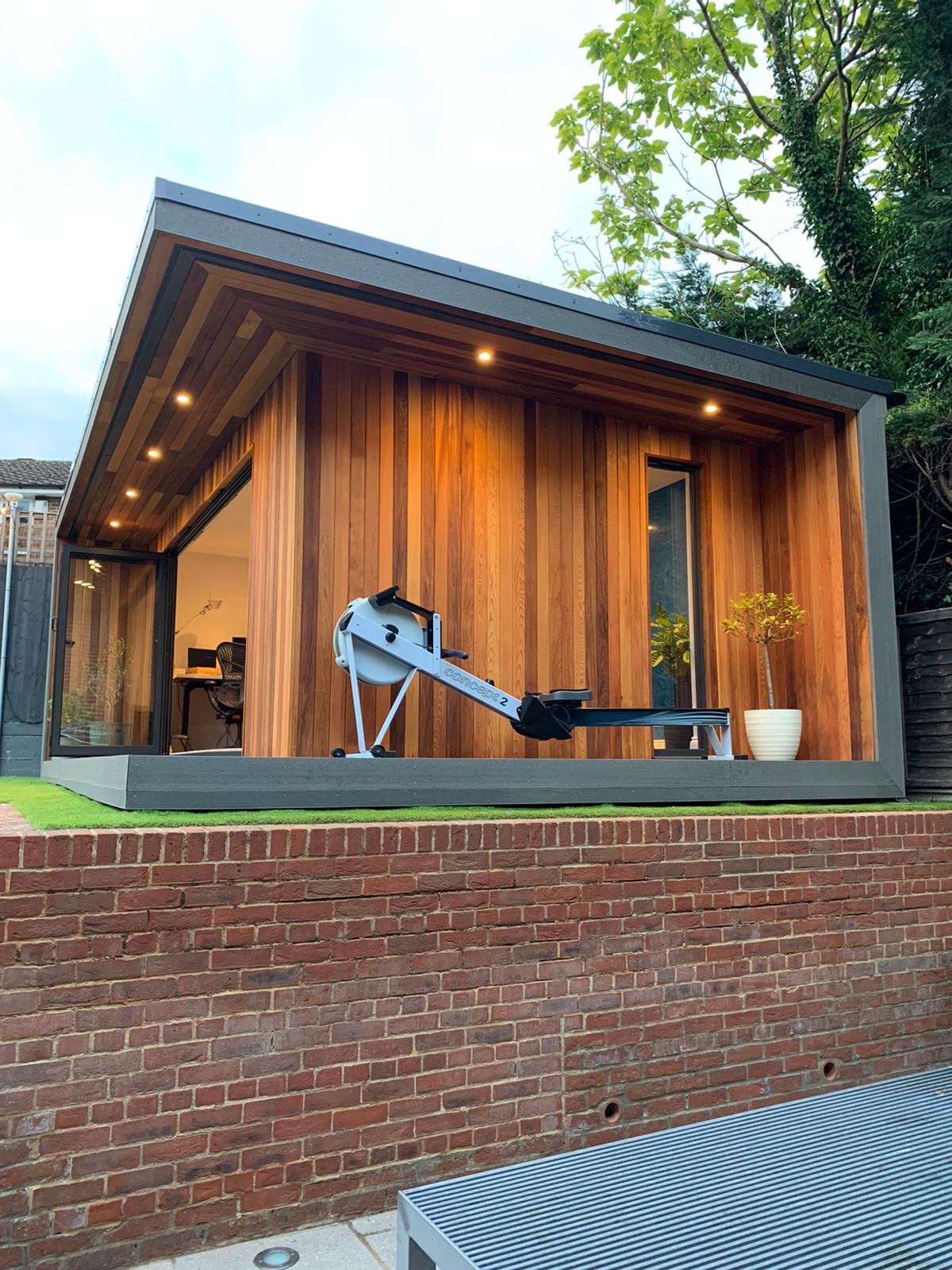 home office garden room with workout area in banstead surrey western red cedar cladding